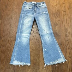 Distressed Blue Flare Jeans, flying monkey, kick flair mid rise